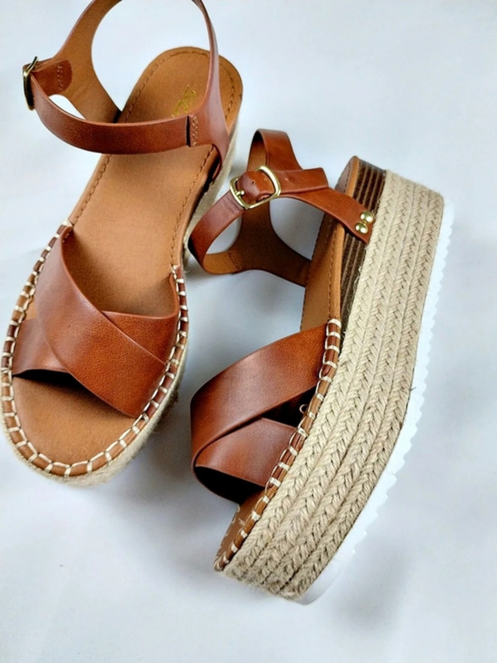 Soda Topic Platform Espadrille Wedge Sandal Sandals Brown & Cream US 9
